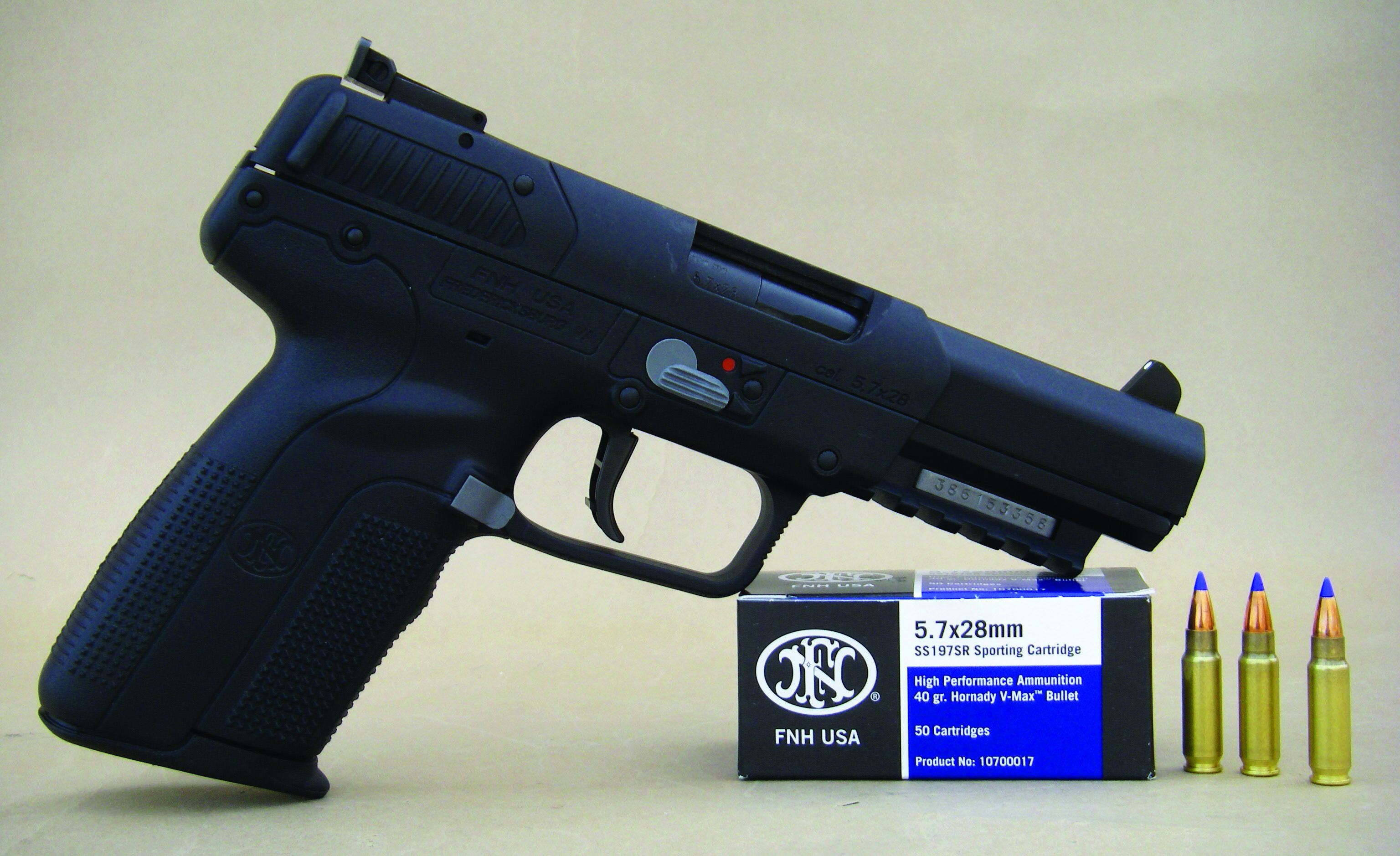 The 5.7x28mm cartridge is housed in this FN-manufactured Model Five-Seven USG autoloading pistol.